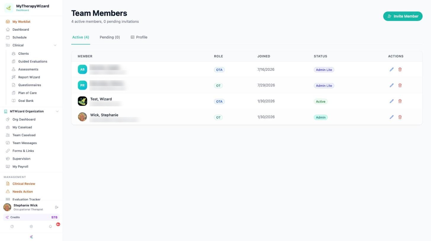 Team Members page showing active members with role, joined date and status, and the Invite Member button