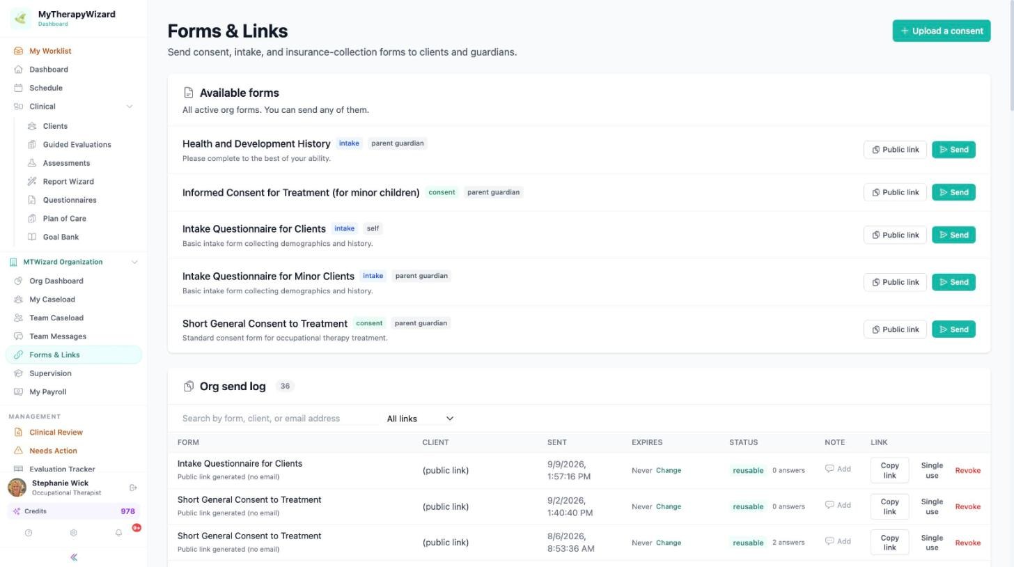 Forms and Links page with available forms, Public link and Send buttons, and the org send log
