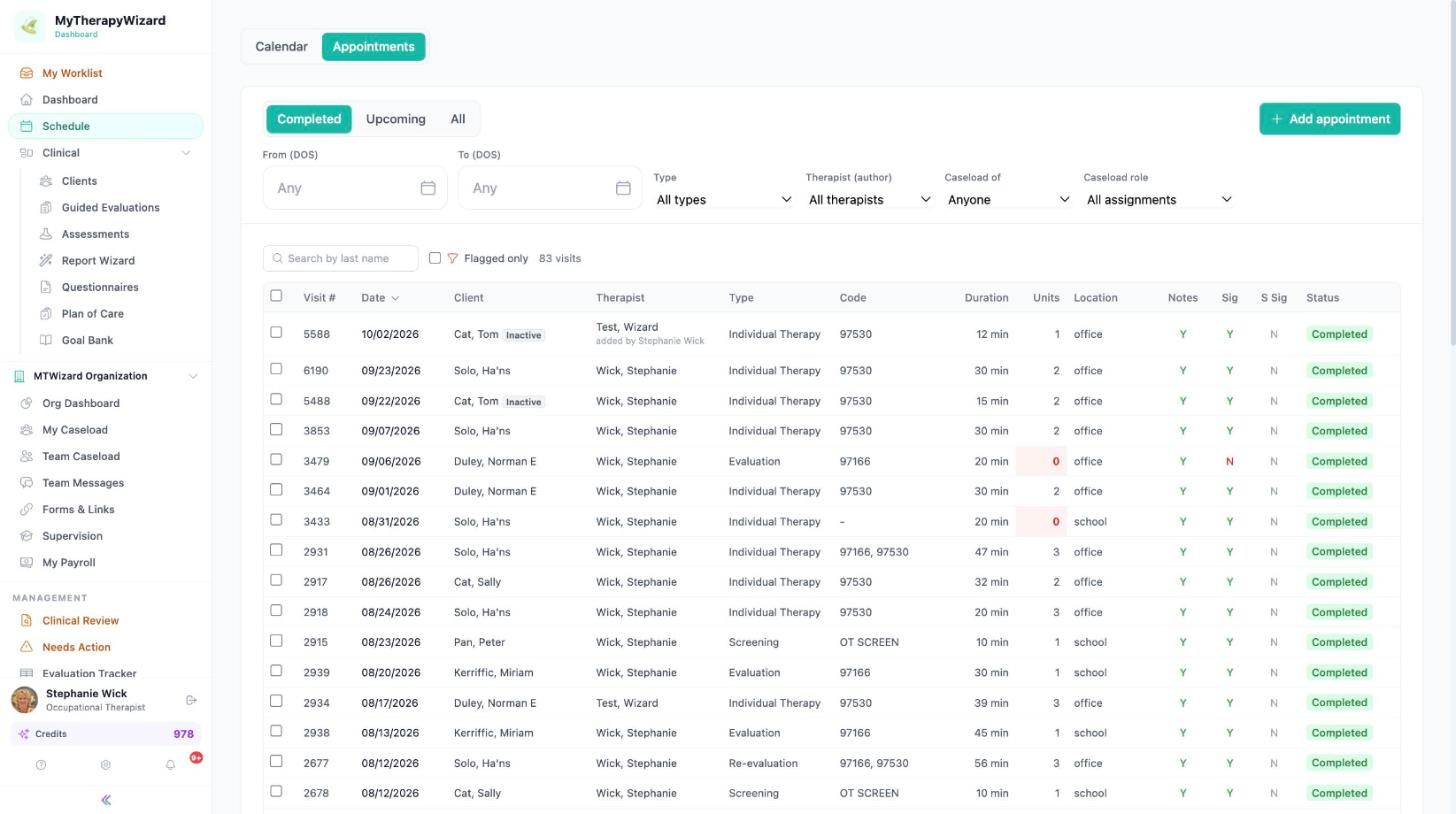 Schedule Appointments list with filters, visit number, date, client, therapist, type, code, duration, units, location and status