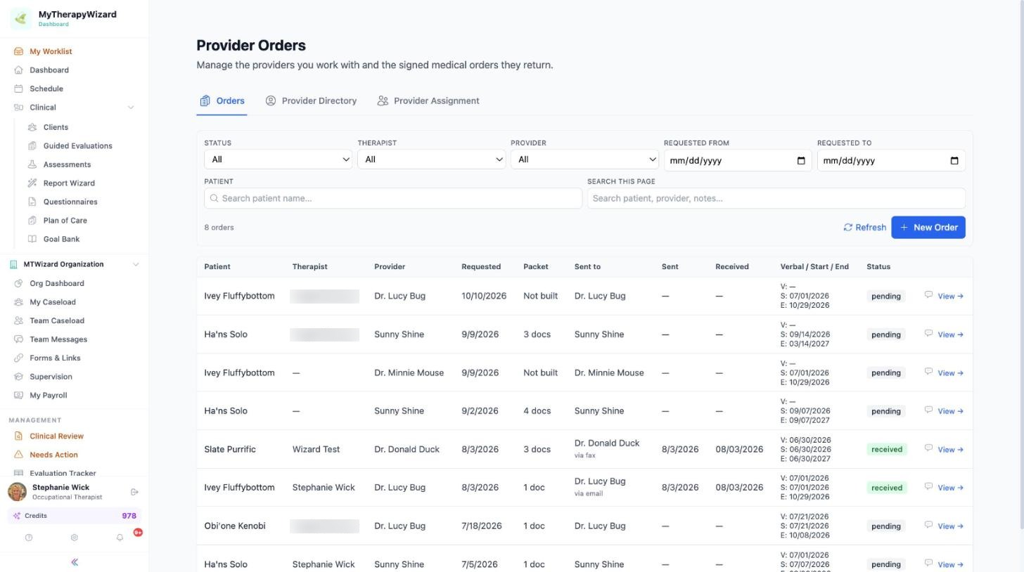Provider Orders list with sent, overdue and signed orders