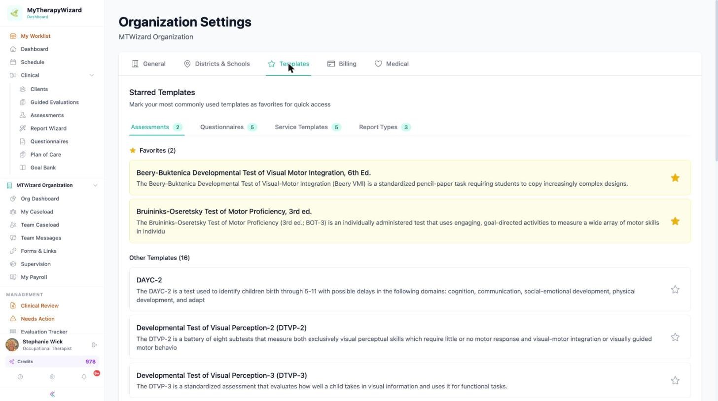 Templates tab showing starred favorite assessments and other templates