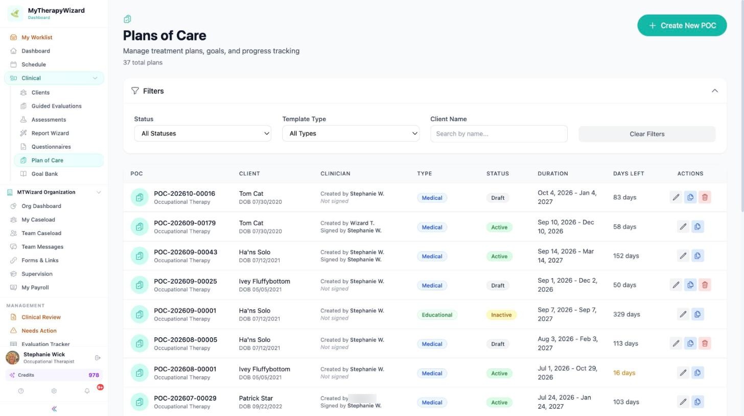 Plans of Care list with status and review dates