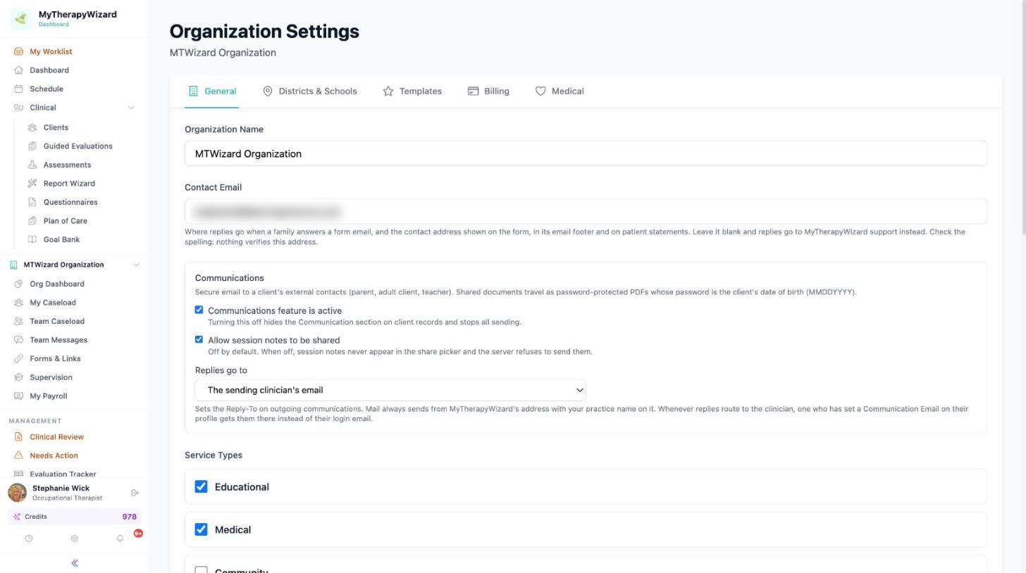Organization Settings General tab with organization name, contact email, communications and service types
