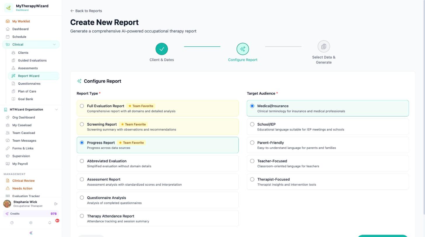 Report Wizard progress report audiences including Teacher-Focused