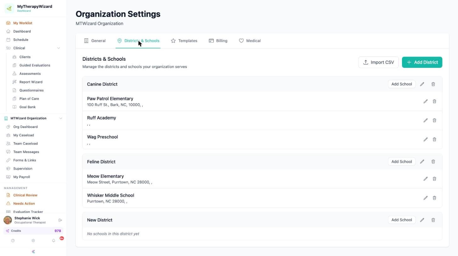 Districts and Schools tab with districts, schools, Import CSV and Add District buttons