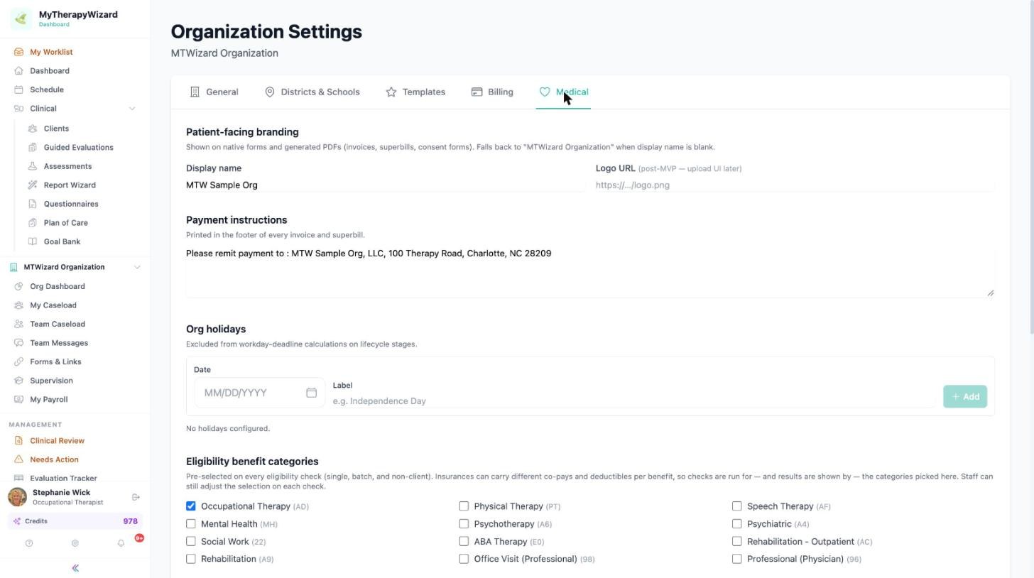 Medical tab with patient-facing branding, payment instructions and eligibility benefit categories