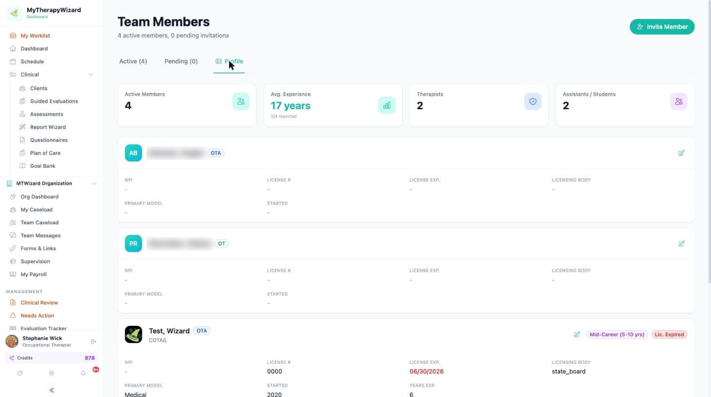 Team Members Profile tab with NPI, license number, license expiration, licensing body and experience for each member