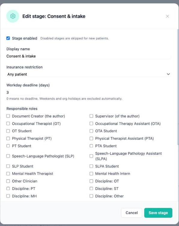 Edit stage window with stage enabled, display name, insurance restriction, workday deadline and responsible roles