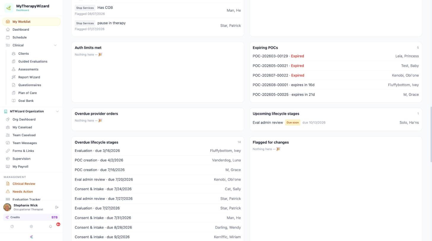My Worklist sections for expiring POCs, upcoming lifecycle stages and overdue lifecycle stages with client names and due dates