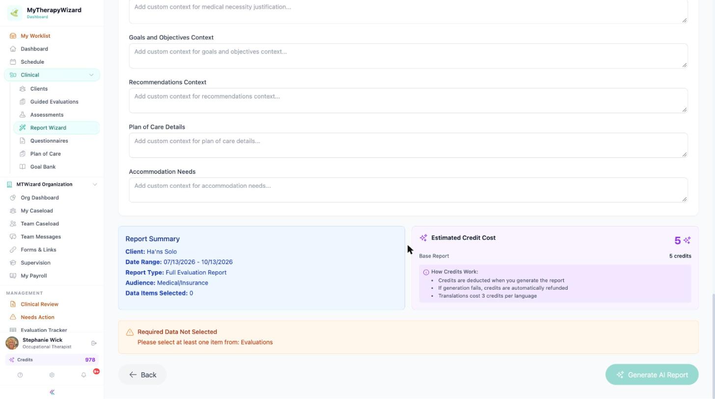 Report Wizard summary showing AI credits before generating wording