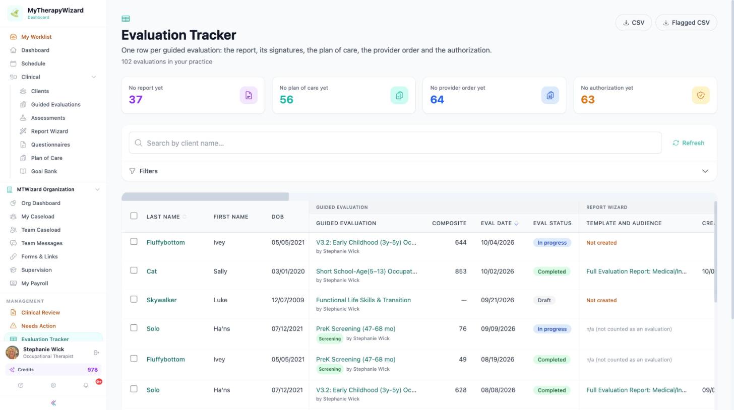 Evaluation Tracker showing report, signatures, POC, provider order and authorization status