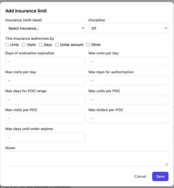 Add insurance limit window with insurance, discipline, authorizes by, and maximum units, visits, days and dollars fields