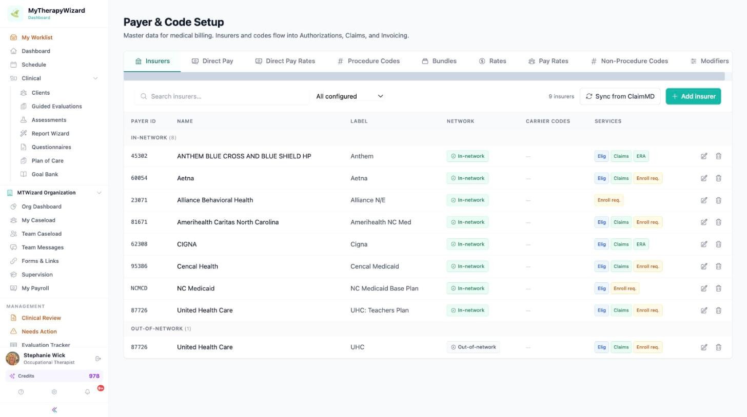 Payer and Code Setup Insurers tab with payer ID, name, label, network status, services and the Sync from ClaimMD button
