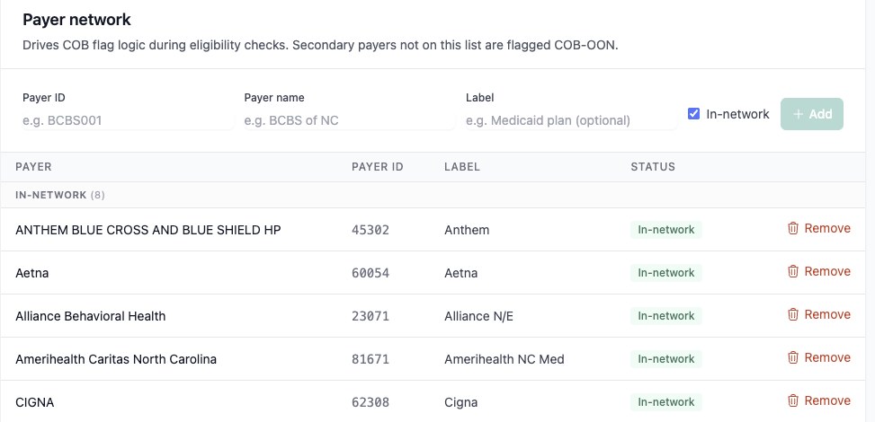 Payer network list with payer, payer ID, label and in-network status