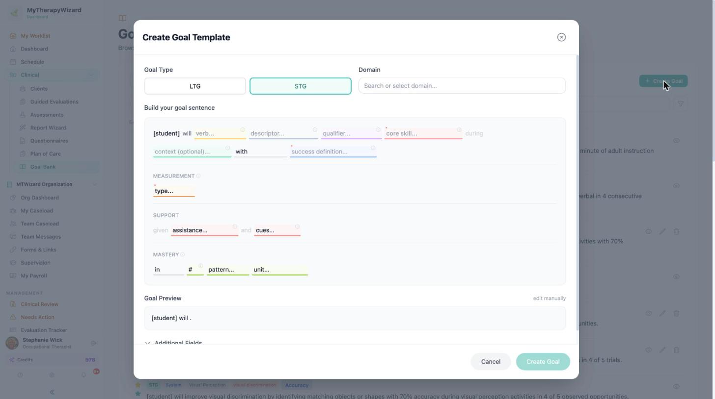 Goal Bank sentence builder for a functional, measurable goal