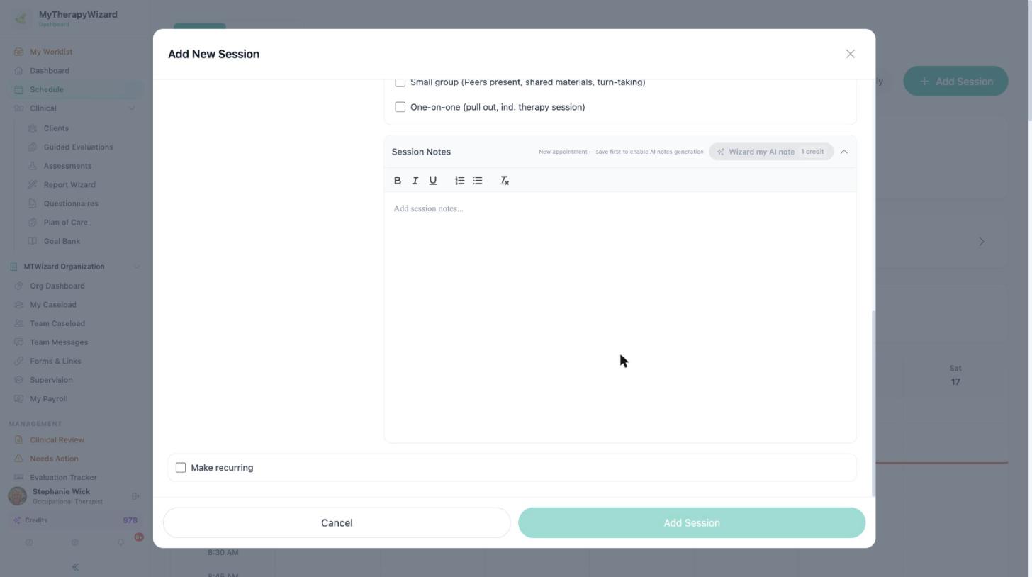 Add Session form with notes, goal data and Make recurring