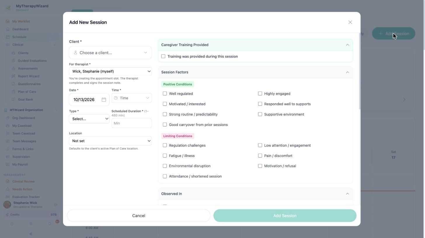 Add New Session form with client, therapist, date, time, type, duration and location, plus caregiver training and session factors
