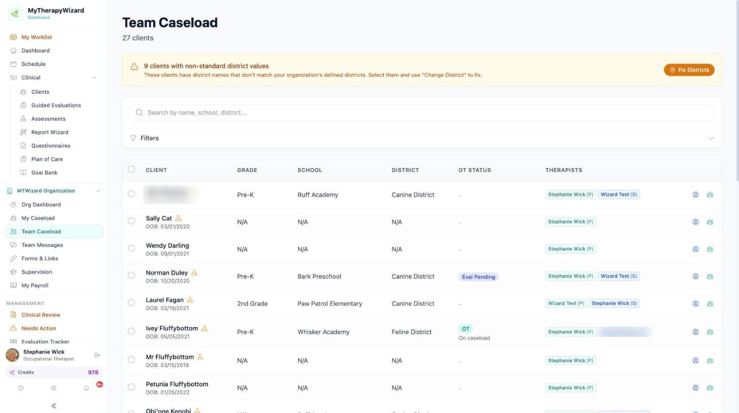 Team Caseload list showing clients with grade, school, district, status and their primary and secondary therapists