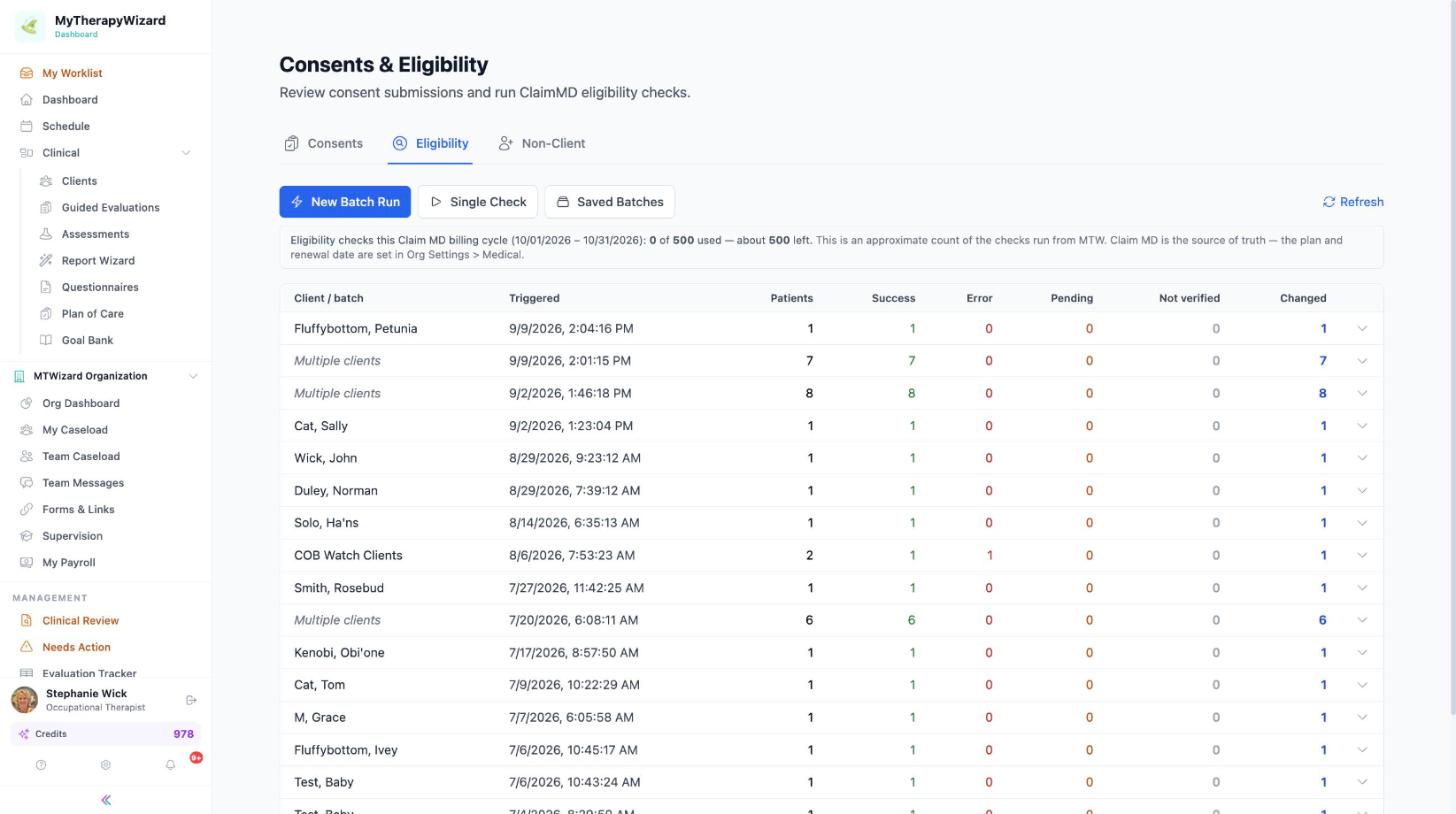 Batch eligibility checks through ClaimMD