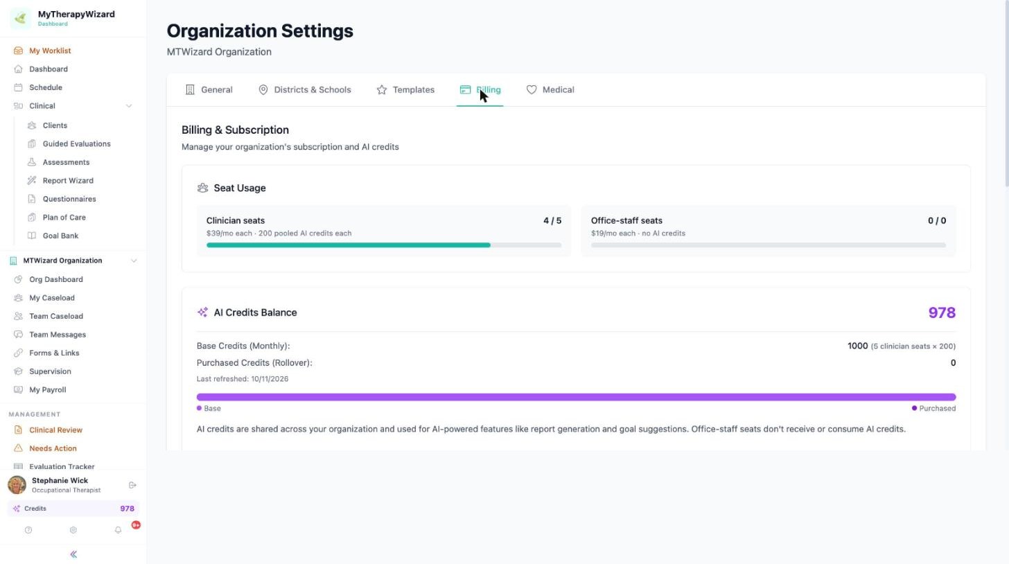 Billing tab showing clinician and office-staff seat usage and the pooled AI credits balance