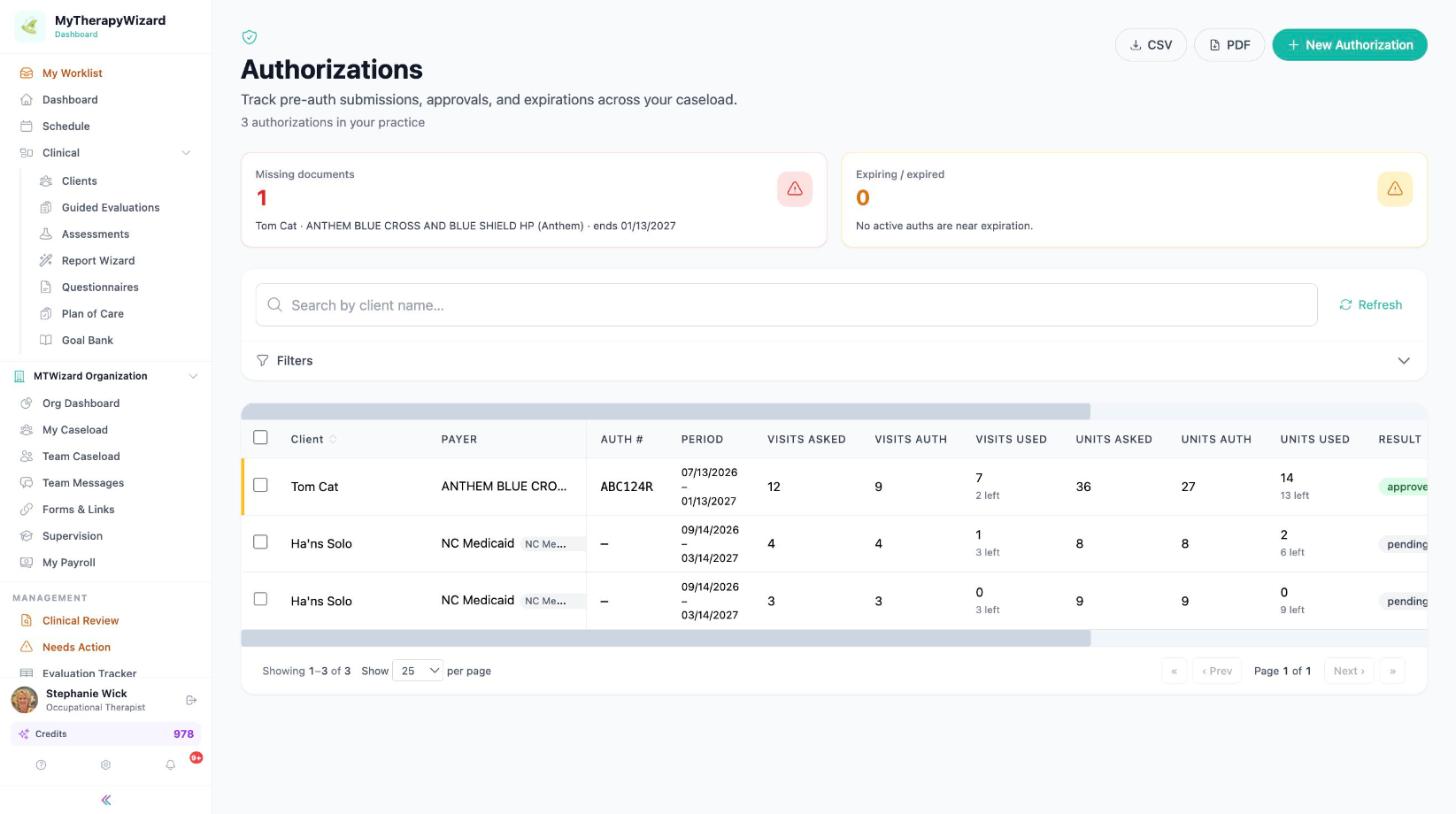 Authorizations with visits and units requested, approved and used