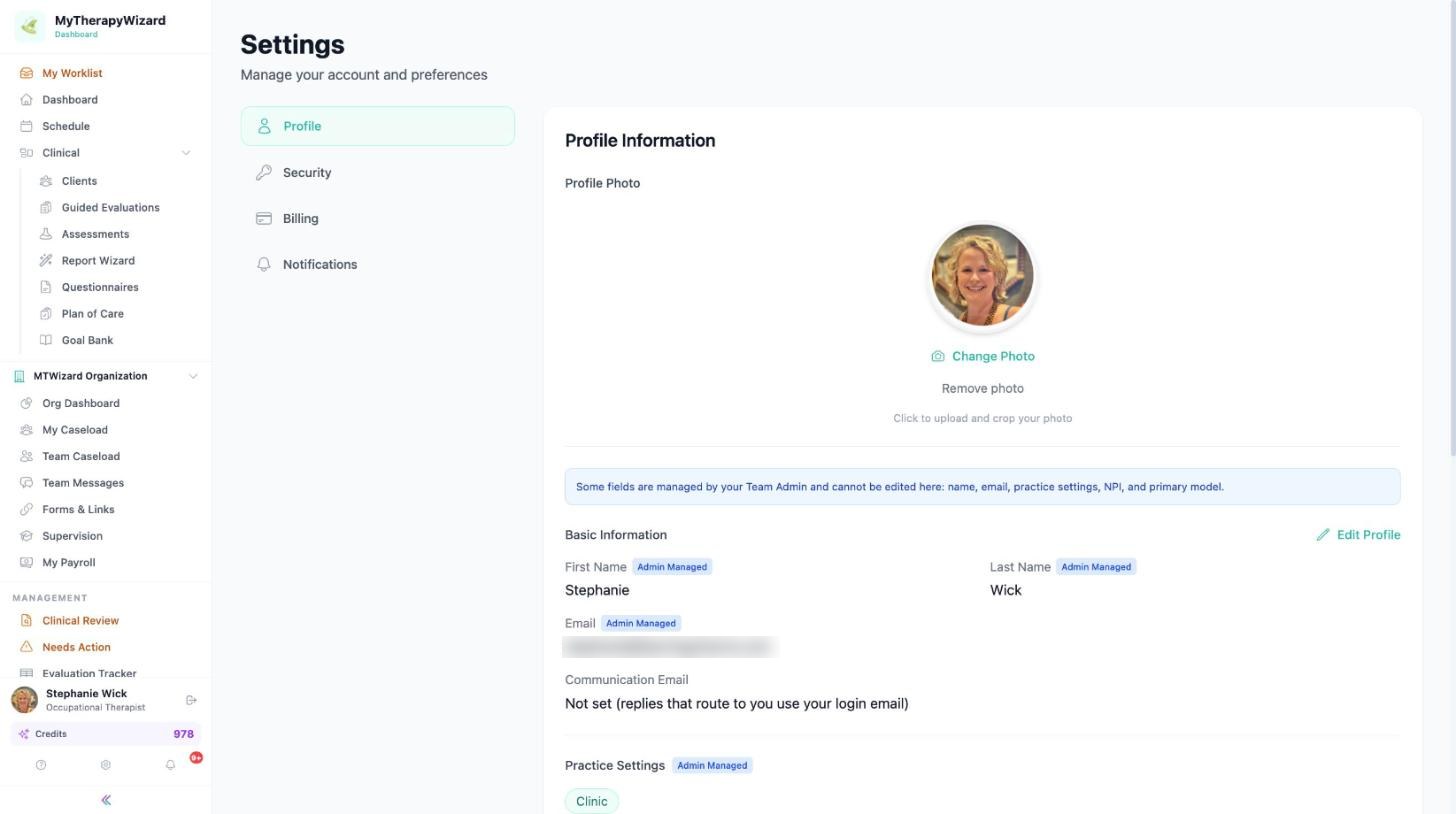 User Settings Profile page with photo, admin-managed name and email, and communication email