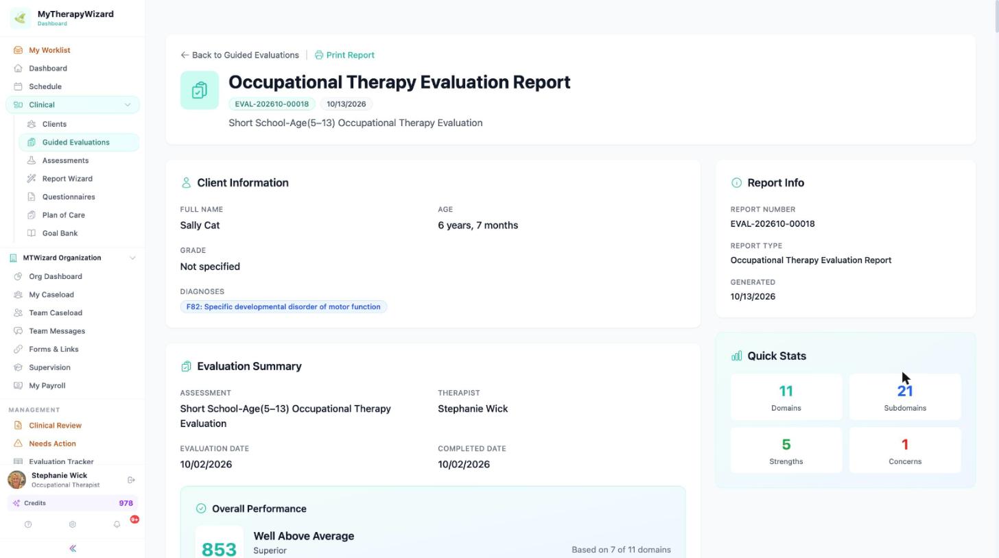 Evaluation scores overview with composite band, strengths and concerns