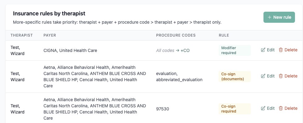 Insurance rules by therapist list showing a modifier rule, a co-sign for documents rule and a co-sign required rule