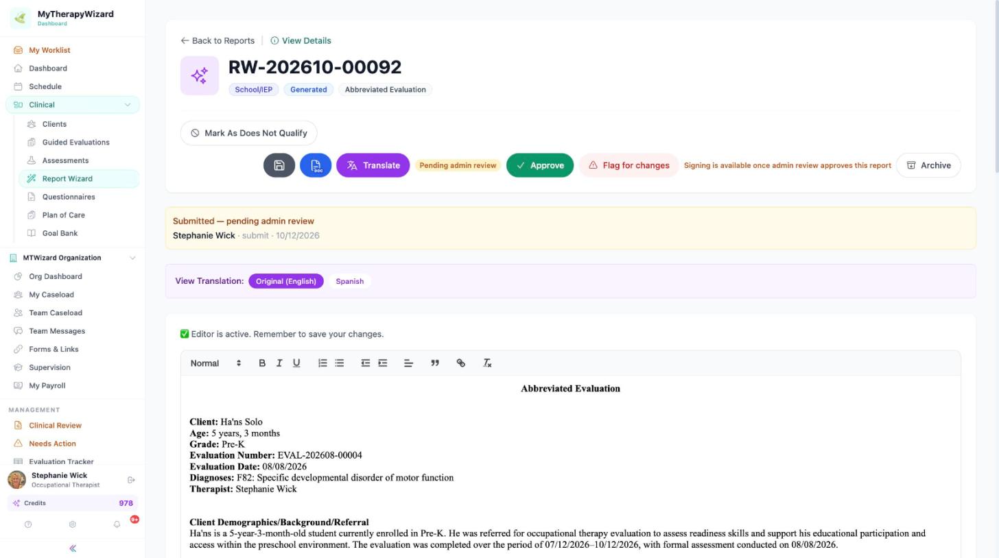 Report editor with Translate, View Translation and export