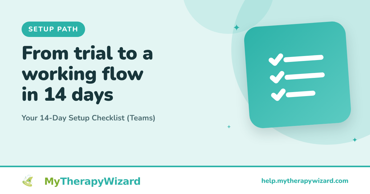 Your 14-Day Setup Checklist (Teams) (MyTherapyWizard help article card)
