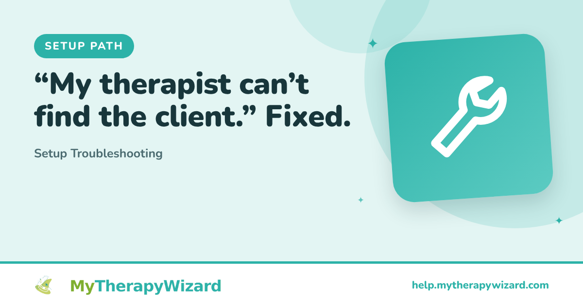 Setup Troubleshooting (MyTherapyWizard help article card)