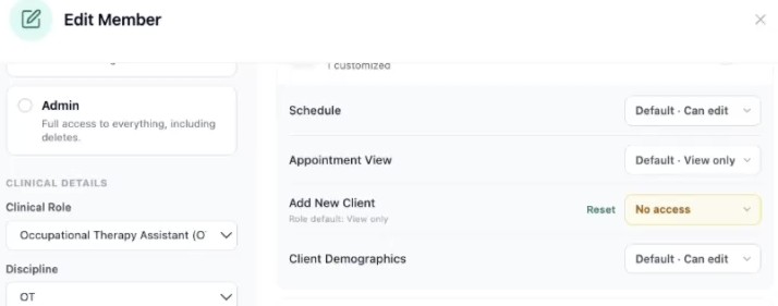Edit Member permissions list with one area customized and a Reset link