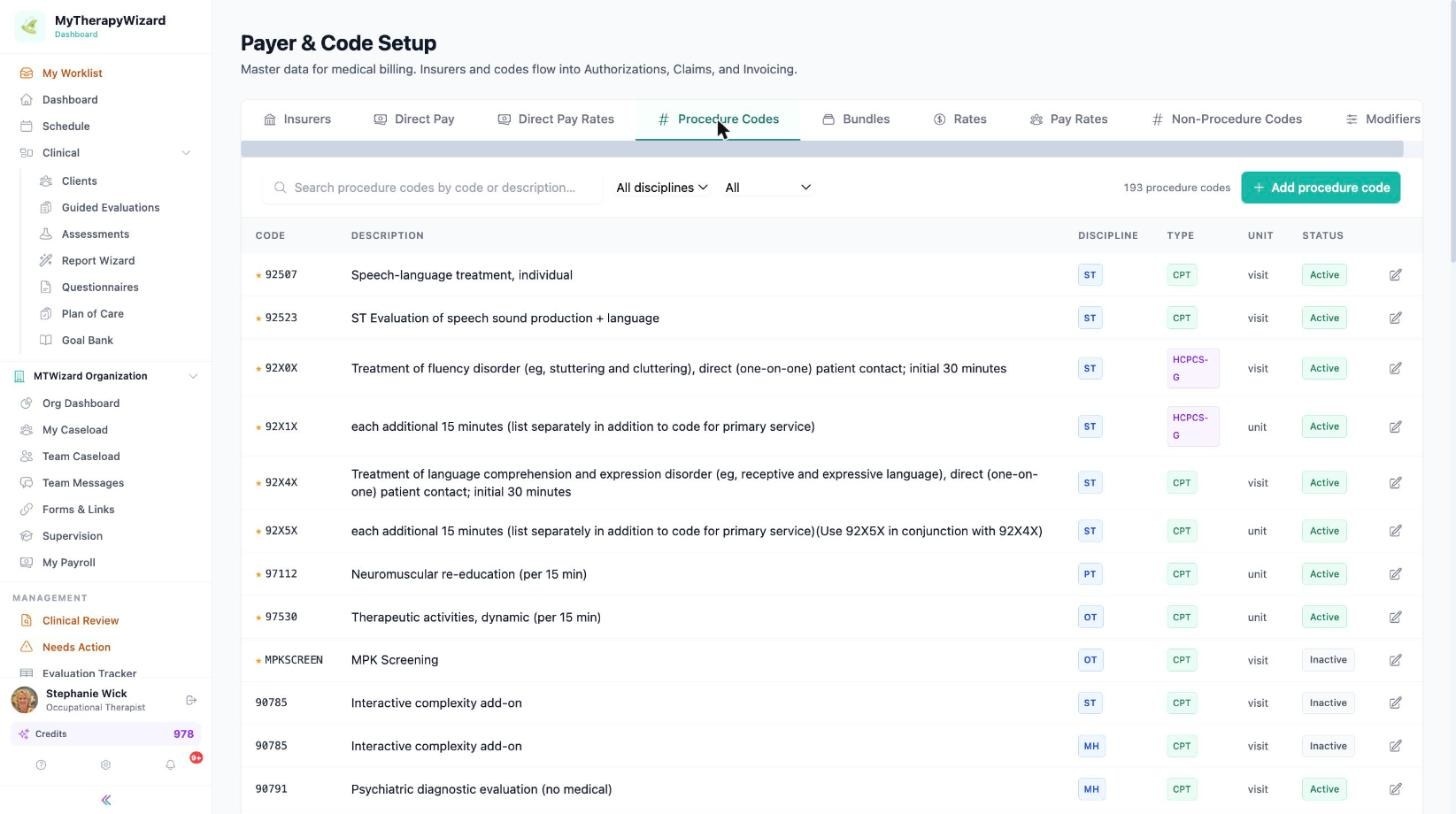 Procedure Codes tab with codes, descriptions, discipline, CPT type, unit and status